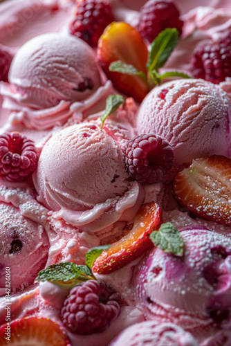 Aesthetic close-up of ice cream with fruit toppings  showing rich details 