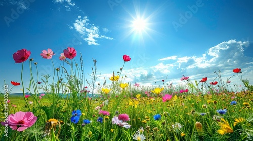 Fototapeta Naklejka Na Ścianę i Meble -  Meadow flowers with a variety of colorful blooms in a green field