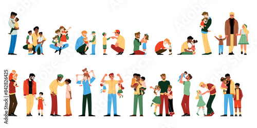 Vector Happy Fathers Day Cartoon Dad Son Or Daugther Set Illustration Isolated