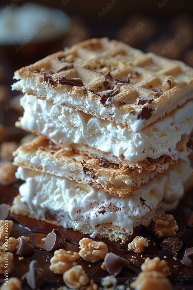Macro close-up of ice cream sandwich being bitten into, showing layers, Macro close-up of ice cream sandwich being bitten into, showing layers,