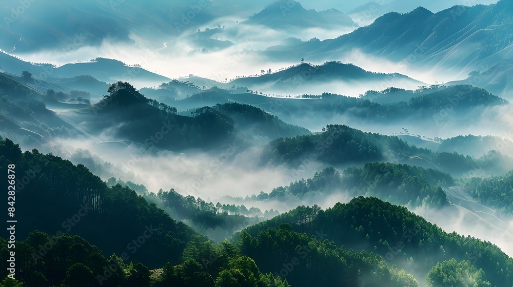 Mystical Mountain Landscape with Layers of Fog and Forest Mystical Mountain Landscape with Layers of Fog and Forest