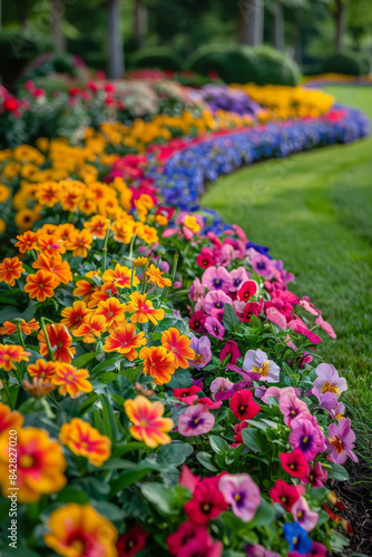 Elegant landscape design with a blend of colorful flower beds and neatly trimmed hedges,