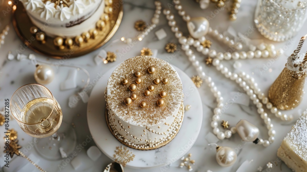 Toast to elegance: Birthday flat lay on white marble, with champagne glasses, a gold-accented cake, pearls, and an invitation, celebrating in style Toast to elegance: Birthday flat lay on white marble, with champagne glasses, a gold-accented cake, pearls, and an invitation, celebrating in style
