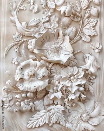 Beautiful flower 3d relief wallpaper. Mural wallpaper. Wall art. AI generated illustration.