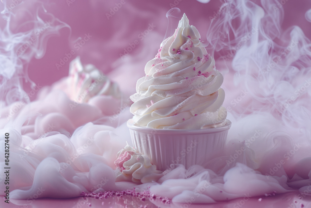 Minimalist image of frozen yogurt with cold vapor in a close-up view, Minimalist image of frozen yogurt with cold vapor in a close-up view,