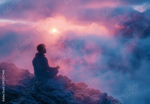A man meditating on a mountain top at dawn, surrounded by mist and the soft glow of the rising sun, capturing a moment of inner peace and self reflection