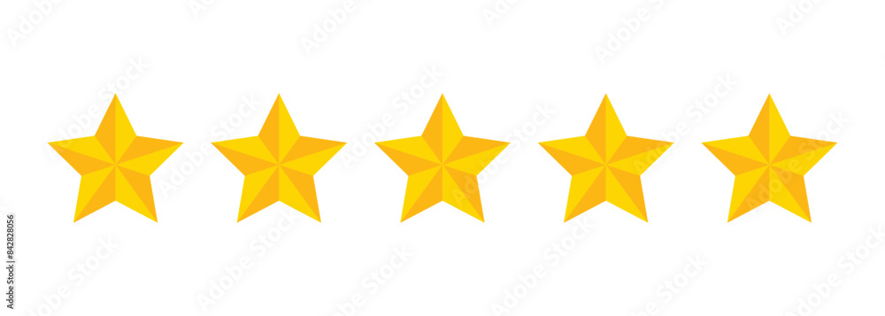 Five yellow stars, the rating icon, are isolated on a white background. Five yellow stars, the rating icon, are isolated on a white background.