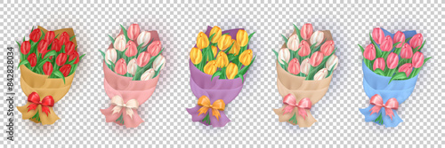 Set of three dimensional bouquets of colorful tulips wrapped in craft paper with silk bow isolated on transparent background. 3d floral gift with spring flowers for holidays, birthday, celebration