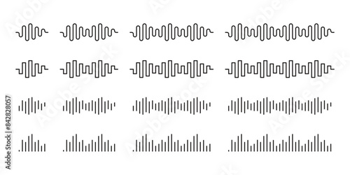 A set of sound wave icons, a sound spectrum of voice or music, a sound waveform, a sound wave line.
