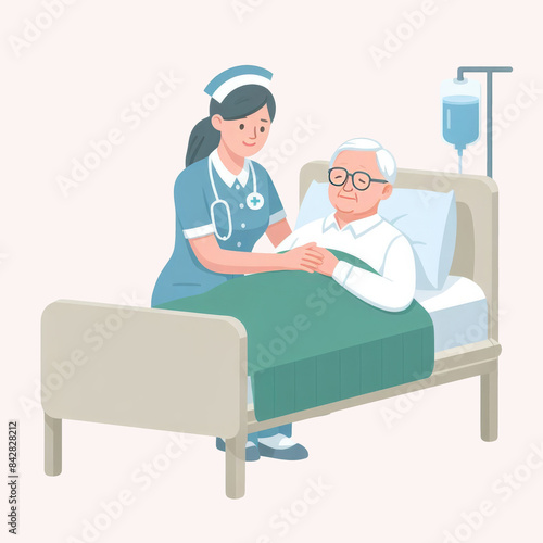 A nurse in blue scrubs sits beside an elderly patient’s hospital bed, holding the patient’s hand. An IV stand is nearby.