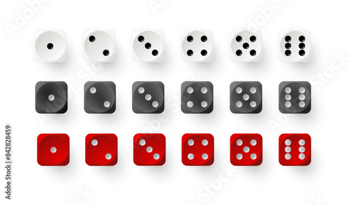 Dice game with red white and black cubes. Realistic gambling objects to play in casino, dice from one to six dots. Vector