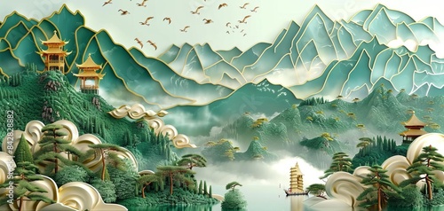 Stucco molding featuring mistcovered mountains, mystical style, soft tones, digital art, ethereal quality