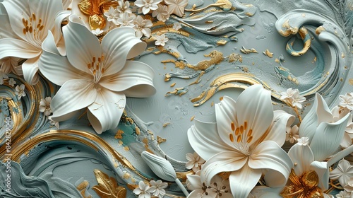 Stucco molding featuring lilies, art nouveau style, white and gold, digital painting, flowing lines photo