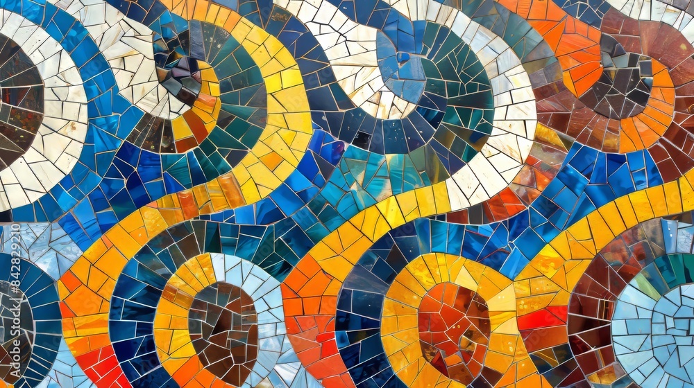 The mosaic consists of colorful tiles arranged geometrically The mosaic consists of colorful tiles arranged geometrically