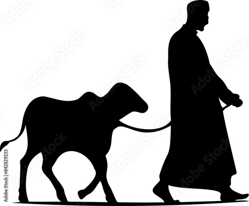 silhouette illustration of muslim man walks with sheep for eid al adha sacrifice
