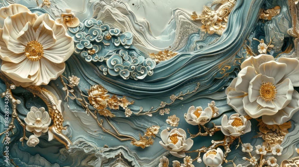 Obraz premium Stucco molding with Chinese patterns, gold elements, intricate details, HDR lighting