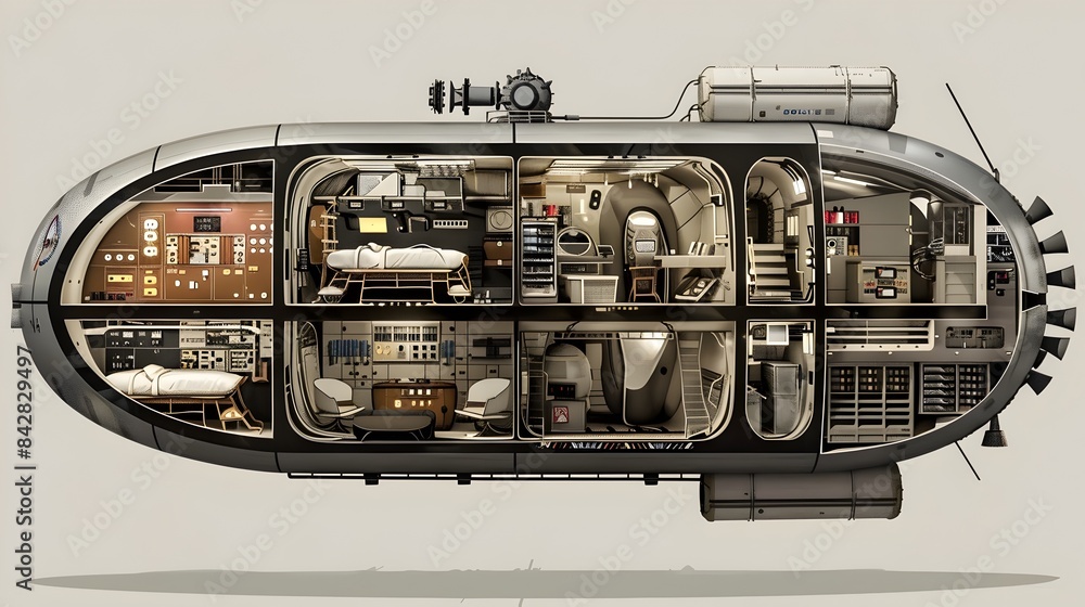 Obraz premium Detailed Cross section View of Futuristic Spacecraft Interior with Astronaut Quarters and Technical Systems