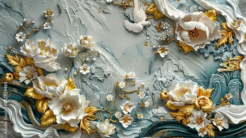 Stucco molding with Chinese patterns, gold elements, intricate details, HDR lighting