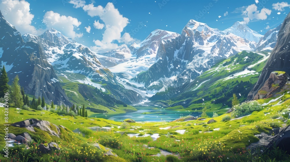 Alpine scene with snow-covered mountains, clear blue sky, and green valleys