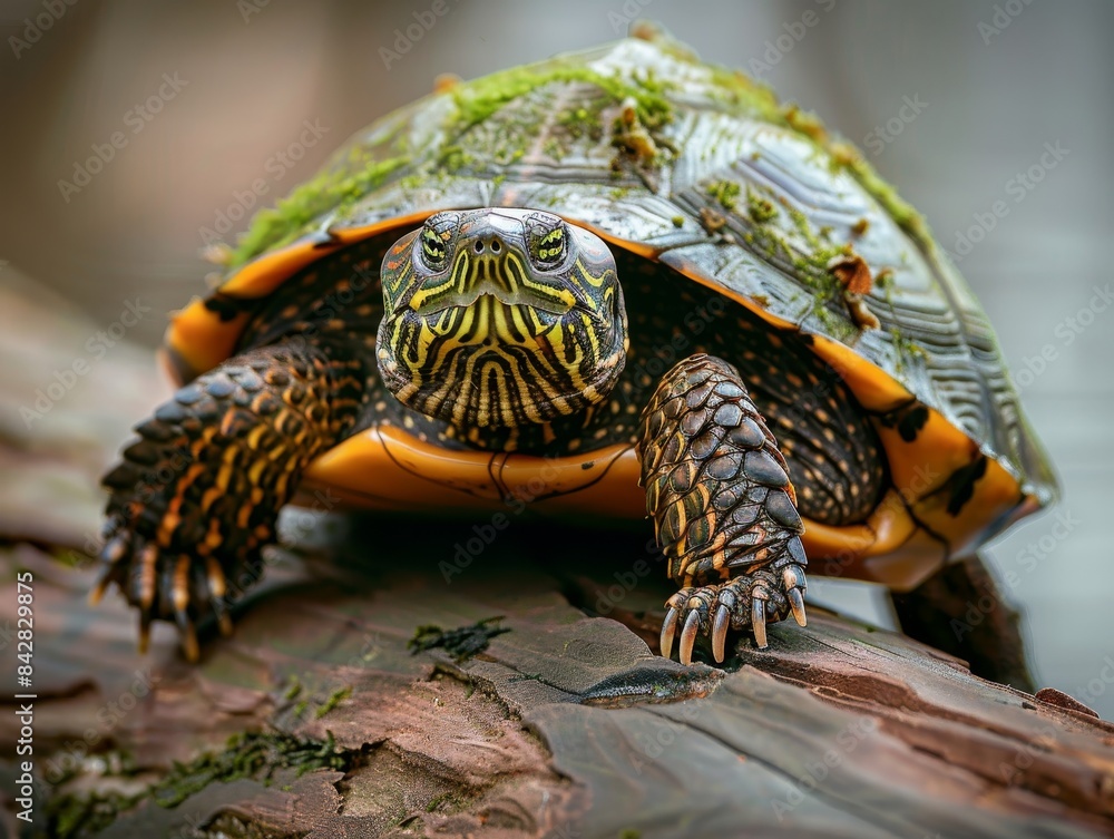 Naklejka premium A turtle with moss on its shell resting on a log, highlighting its detailed texture and natural camouflage in a forest environment.