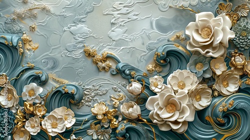 Stucco molding with Japanese design, gold accents, photorealistic, highdetail, realistic ambient light