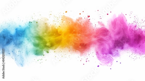 Holi paint color explosion with vibrant rainbow colors and white background.