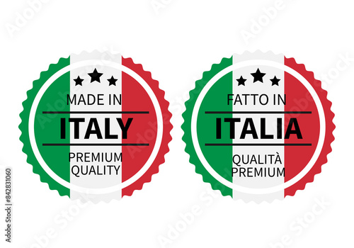 Made in Italy round labels in English and in Italian languages. Quality mark vector icon. Perfect for logo design, badges, tags, emblem, stickers, product package, etc.