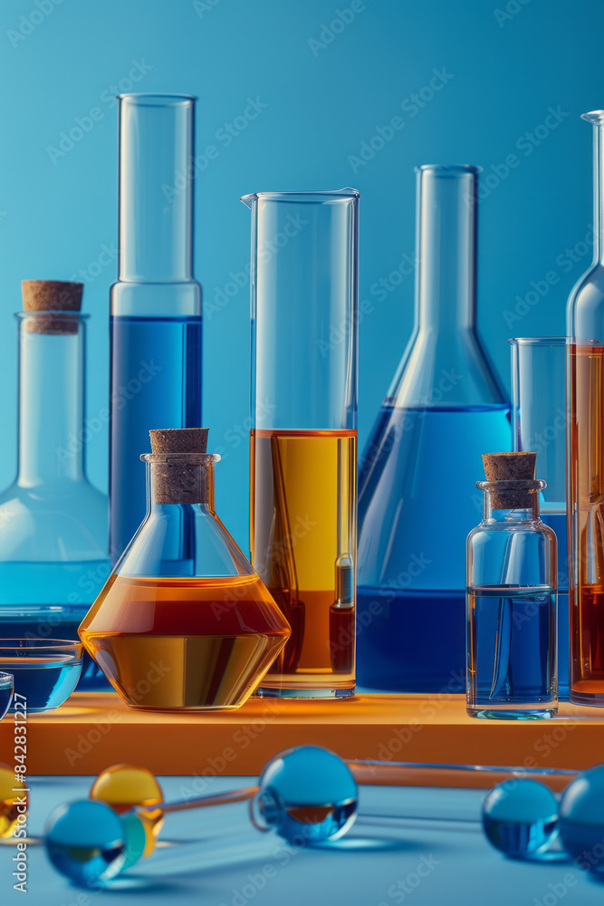 Illustration of assorted chemicals in flasks and test tubes, with a minimalist touch, Illustration of assorted chemicals in flasks and test tubes, with a minimalist touch,