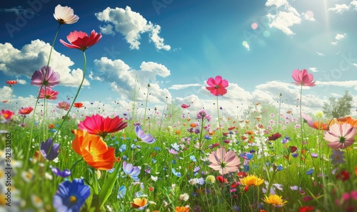 Vibrant Wildflowers Bloom in Spring Meadow Landscape of Flower Field Under Sunny Sky