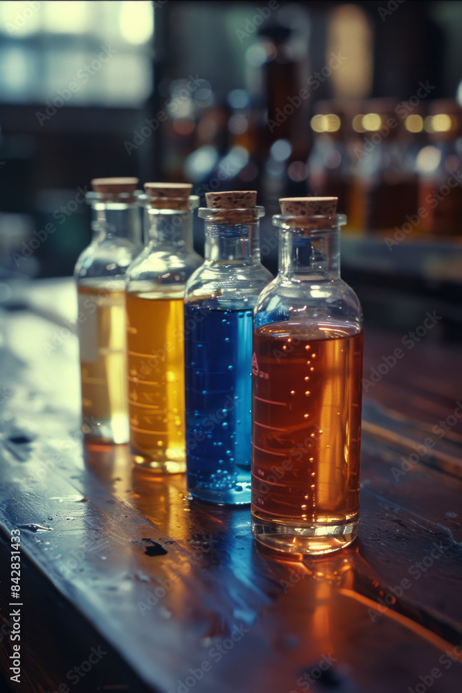 Simple and elegant depiction of chemical solutions in jars and test tubes, prepared for reactions, Simple and elegant depiction of chemical solutions in jars and test tubes, prepared for reactions,