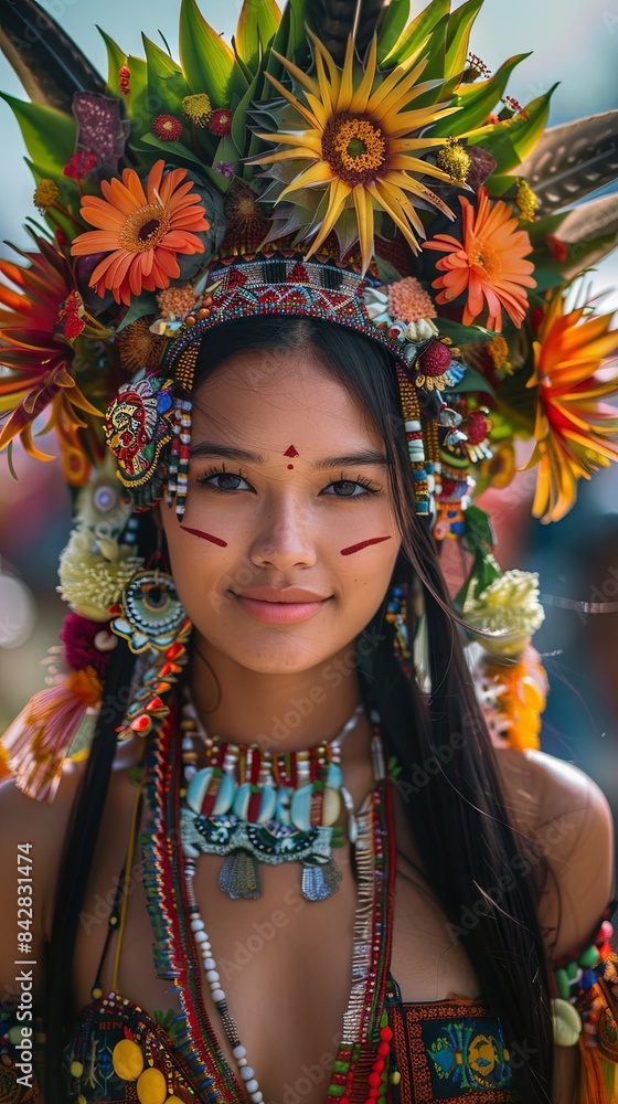 Indigenous American Woman in Traditional Dress at Chiang Mai Flower Festival. Concept Culture, Indigenous Fashion, Flower Festival, Traditional Attire, Chiang Mai Indigenous American Woman in Traditional Dress at Chiang Mai Flower Festival. Concept Culture, Indigenous Fashion, Flower Festival, Traditional Attire, Chiang Mai