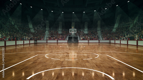 Empty basketball arena with perfectly placed markings, illuminated by powerful lights nd crowdy stages on background. Concept of sport games, competition, championship, action and motion photo
