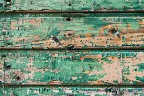 close up horizontal illustration of distressed green painted wooden fence background © AlfredoGiordano