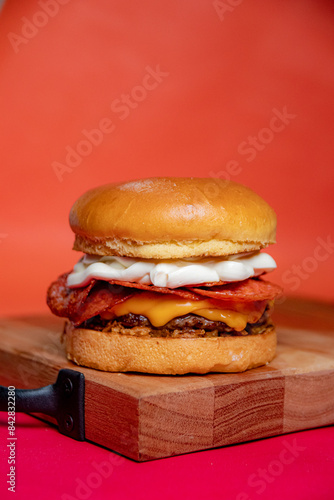 hamburger on a wooden table