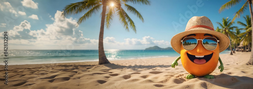 Pitaya fruit sur la plage en bord de mer avec lunettes de soleil et chapeau de paille, espace vide pour du texte
