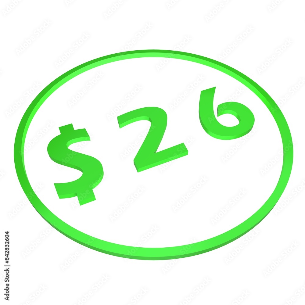 3D figure twenty six in a green circle with a dollar sign on a white background, isolate. Pricing, marketing, sale or price tag. 3D figure twenty six in a green circle with a dollar sign on a white background, isolate. Pricing, marketing, sale or price tag.