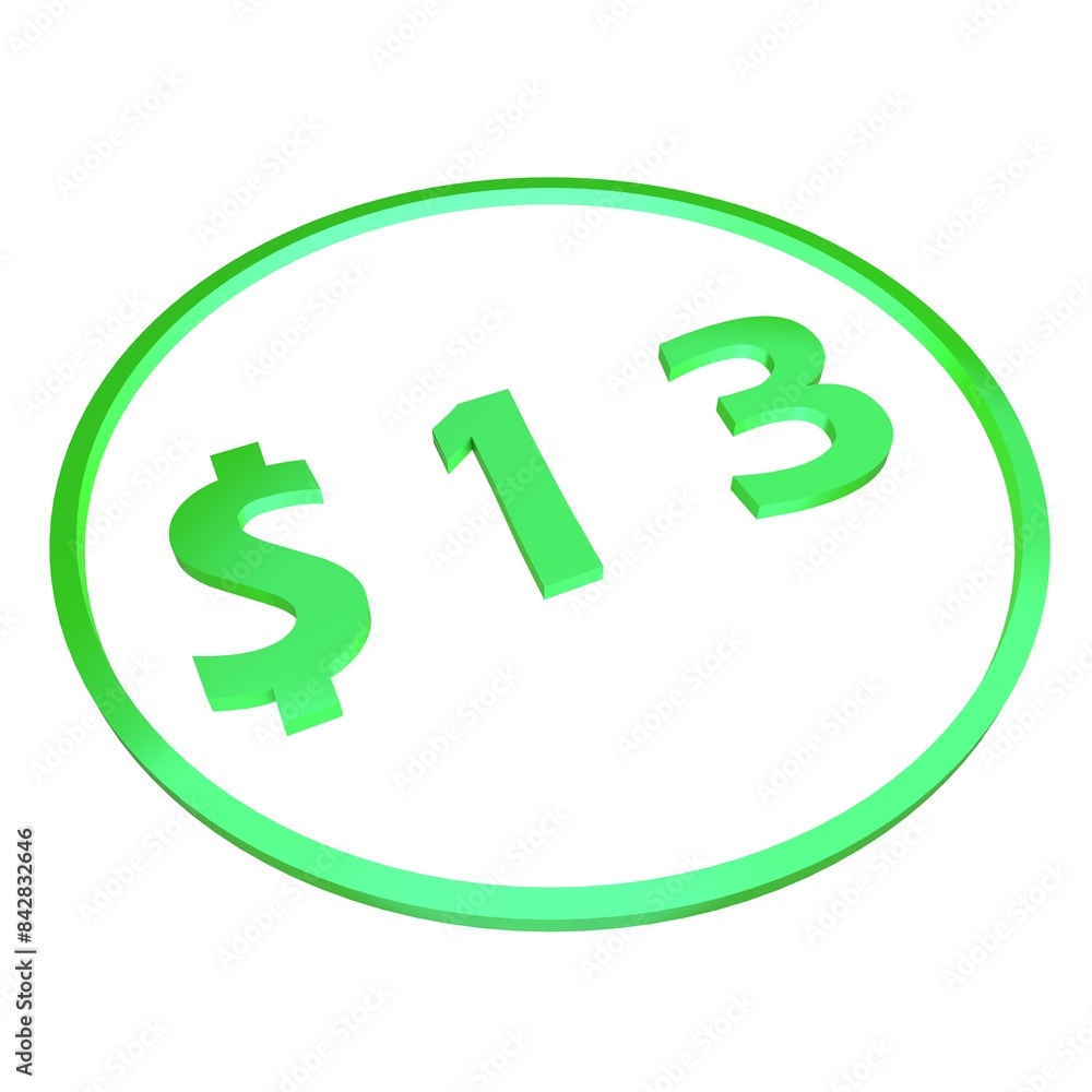 3D figure thirteen in a green circle with a dollar sign on a white background, isolate. Pricing, marketing, sale or price tag. 3D figure thirteen in a green circle with a dollar sign on a white background, isolate. Pricing, marketing, sale or price tag.