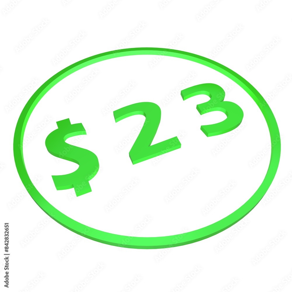 3D figure twenty three in a green circle with a dollar sign on a white background, isolate. Pricing, marketing, sale or price tag. 3D figure twenty three in a green circle with a dollar sign on a white background, isolate. Pricing, marketing, sale or price tag.