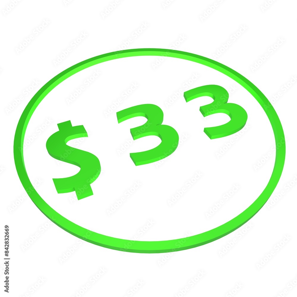 3D figure thirty three in a green circle with a dollar sign on a white background, isolate. Pricing, marketing, sale or price tag. 3D figure thirty three in a green circle with a dollar sign on a white background, isolate. Pricing, marketing, sale or price tag.