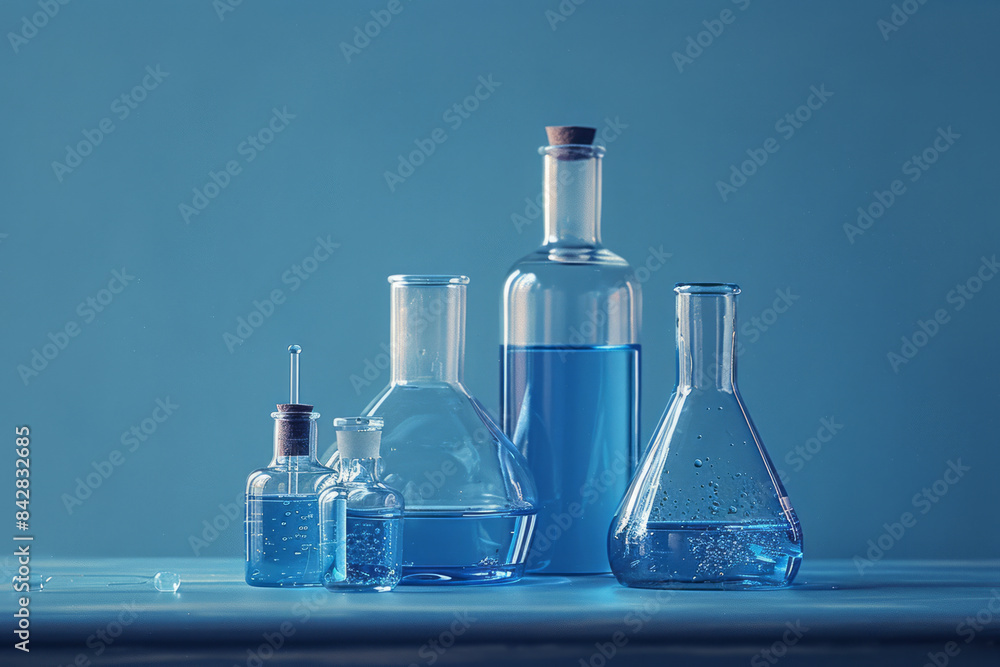 Minimalist illustration of chemicals in glass bottles and pipettes, exuding simplicity, Minimalist illustration of chemicals in glass bottles and pipettes, exuding simplicity,