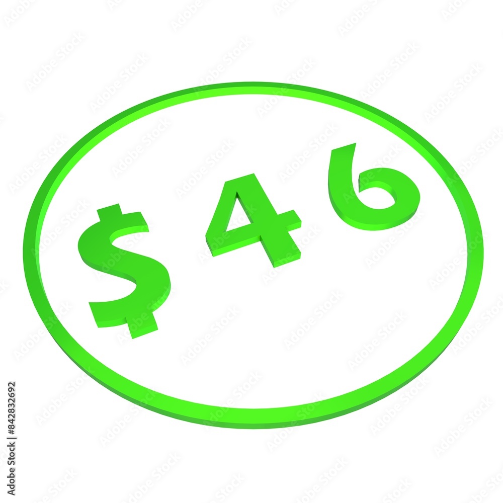 3D figure forty six in a green circle with a dollar sign on a white background, isolate. Pricing, marketing, sale or price tag. 3D figure forty six in a green circle with a dollar sign on a white background, isolate. Pricing, marketing, sale or price tag.