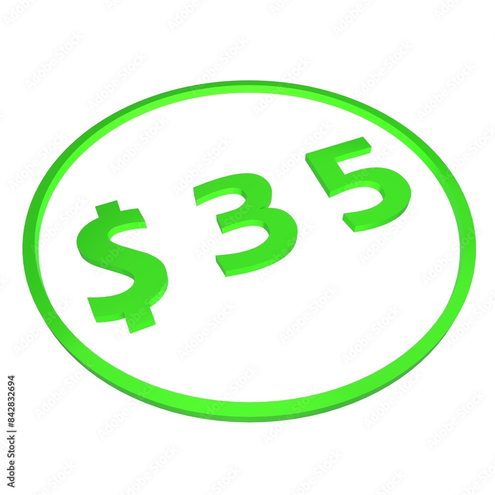 3D figure thirty five in a green circle with a dollar sign on a white background, isolate. Pricing, marketing, sale or price tag. 3D figure thirty five in a green circle with a dollar sign on a white background, isolate. Pricing, marketing, sale or price tag.