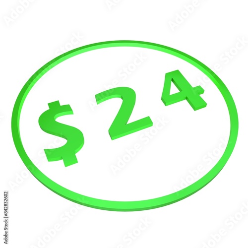 3D figure twenty four in a green circle with a dollar sign on a white background, isolate. Pricing, marketing, sale or price tag.