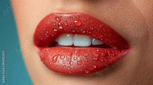 Detailed view of glossy red lips with water droplets on a vibrant blue background