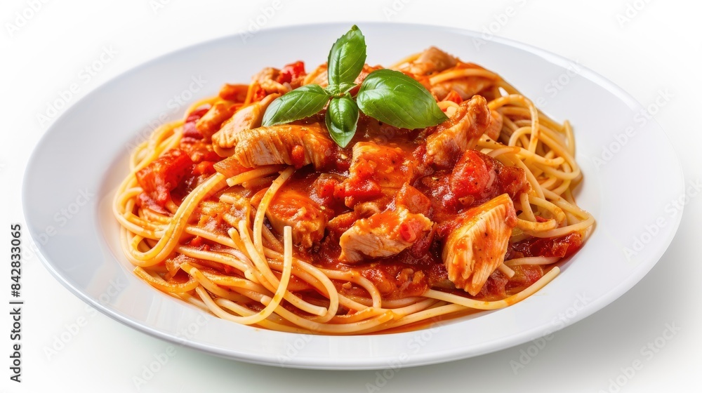 Isolated plate of spaghetti and chicken stew Isolated plate of spaghetti and chicken stew