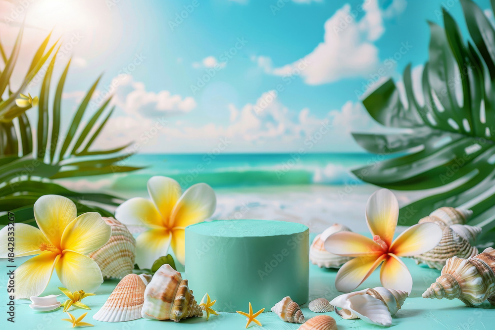 3D rendering of a vibrant, beach-inspired podium set against a backdrop of the ocean and a bright, sunny sky 3D rendering of a vibrant, beach-inspired podium set against a backdrop of the ocean and a bright, sunny sky