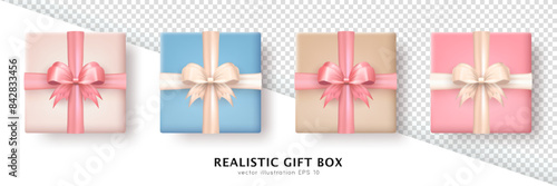 Set of 3d realistic colorful pastel gift boxes with silk bows top view isolated on transparent background. Three dimensional white, blue, beige, pink present wrap packages with crossed ribbons