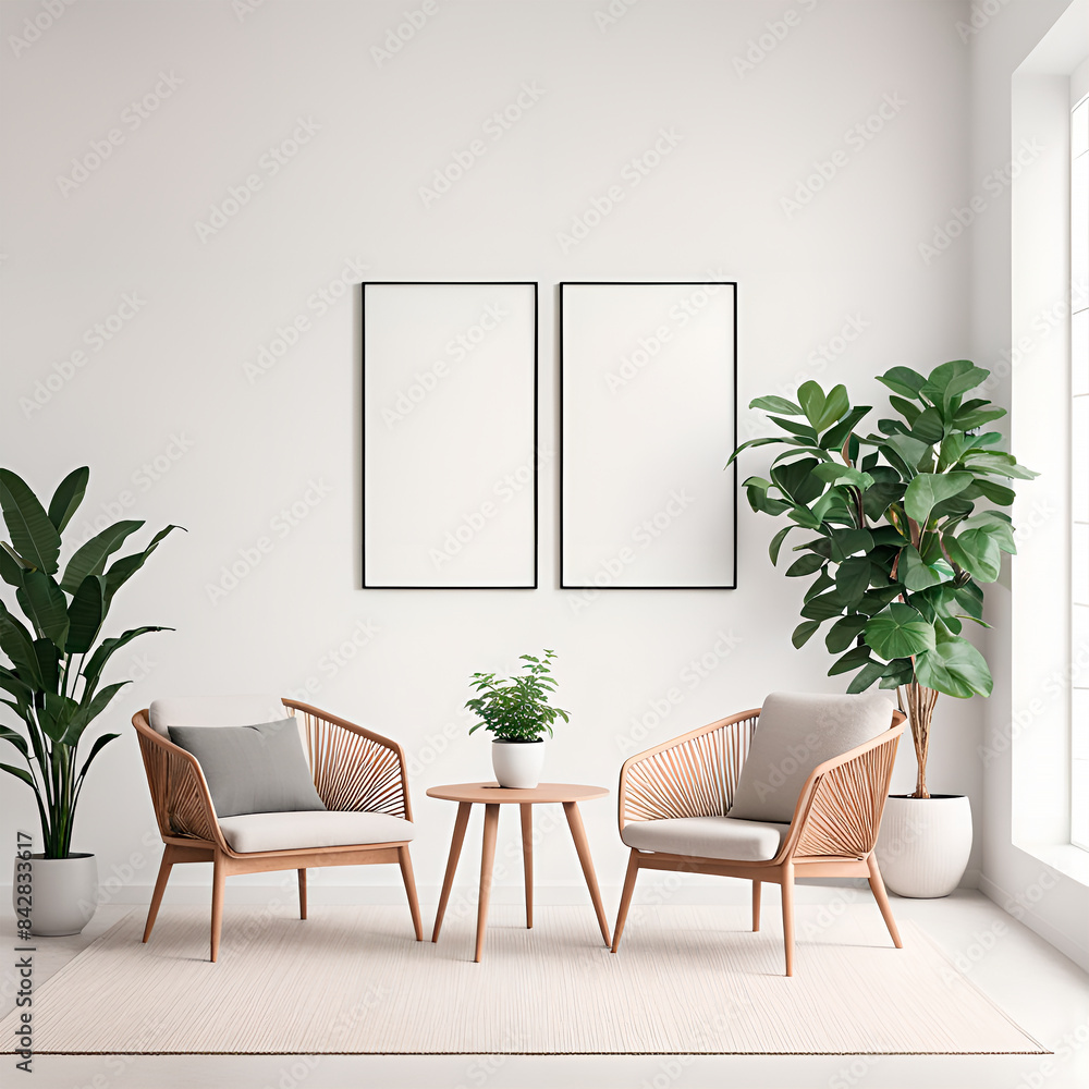 Modern white living room interior design with decoration and empty mock up picture frames 3D Rendering, 3D Illustration Modern white living room interior design with decoration and empty mock up picture frames 3D Rendering, 3D Illustration