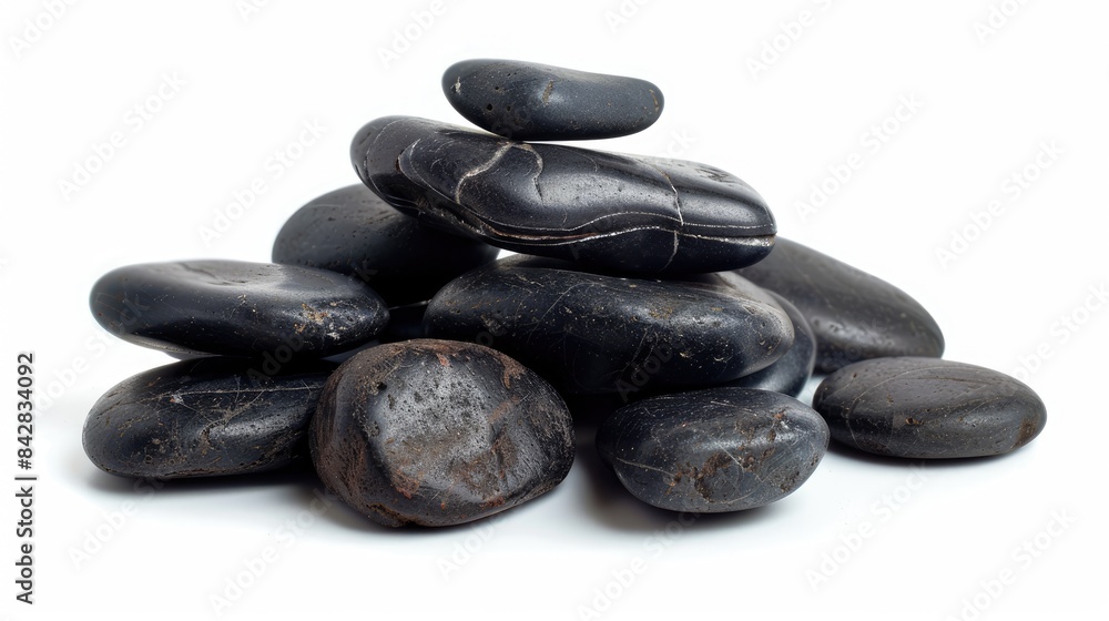 Spa hot stones arranged in a pile against a white backdrop Spa hot stones arranged in a pile against a white backdrop