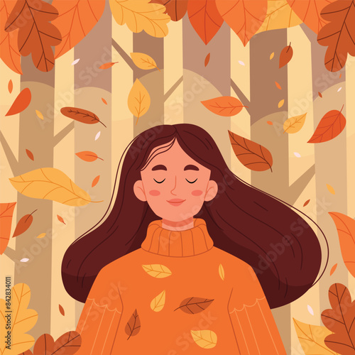 woman lies under autumn trees. card with a female. Young girl are resting in the autumn forest. Flat vector illustration
